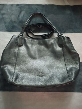 Coach Metallic Gunmetal Pebbled Leather Shoulder Bag Good Condition Medium Size